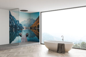 PlateART Duschrückwand Bergsee Steg Boote