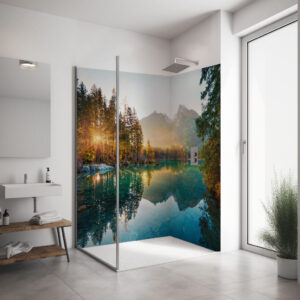 PlateART Eck Duschrückwand "Bergsee Idylle" BS_18_21