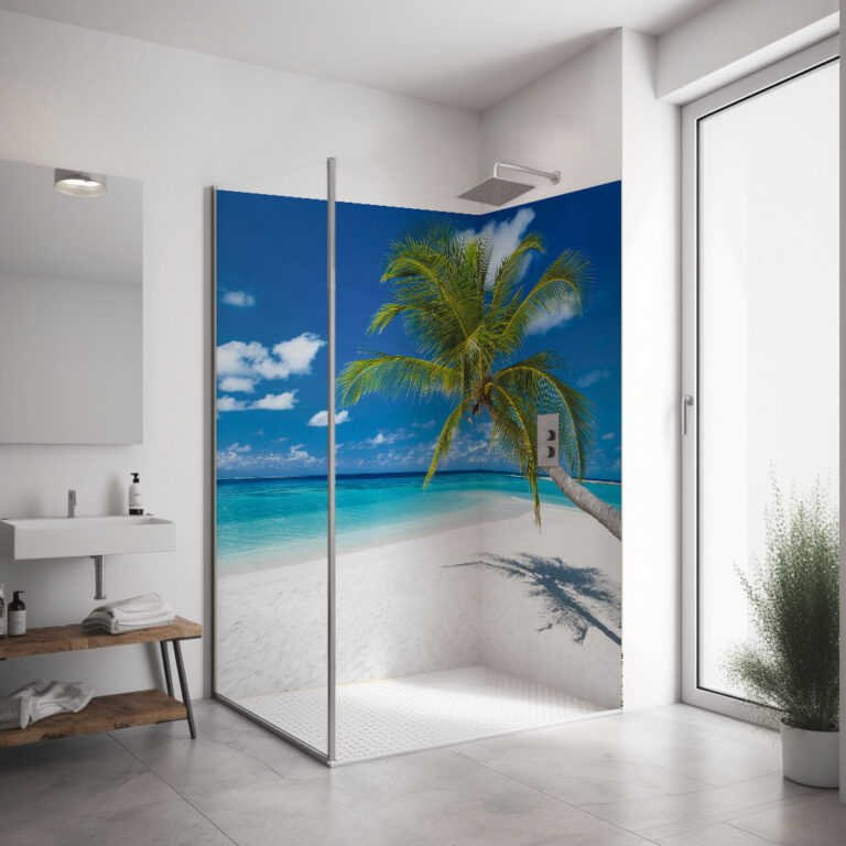 Dedeco Duschrückwand Aus Alu Mit Strand-Motiv – 2-tlg., 90x200 Cm, Made In Germany