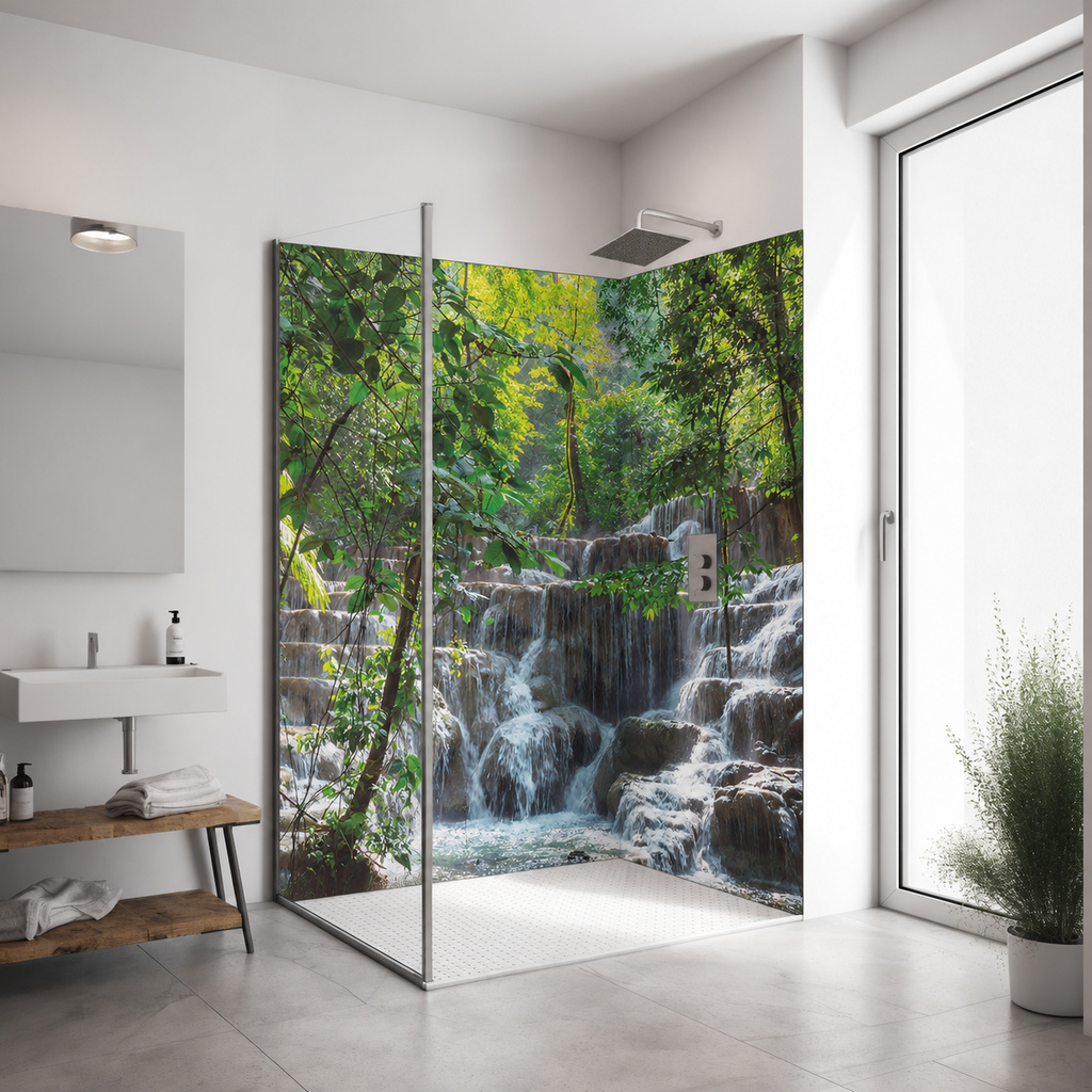 Eckset Duschrückwand "Wasserfall im Wald" WF_09_21 (1000x2050mm)