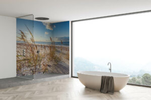 PlateART Duschrückwand Maritim Sonnenuntergang Gräser Strand Meer