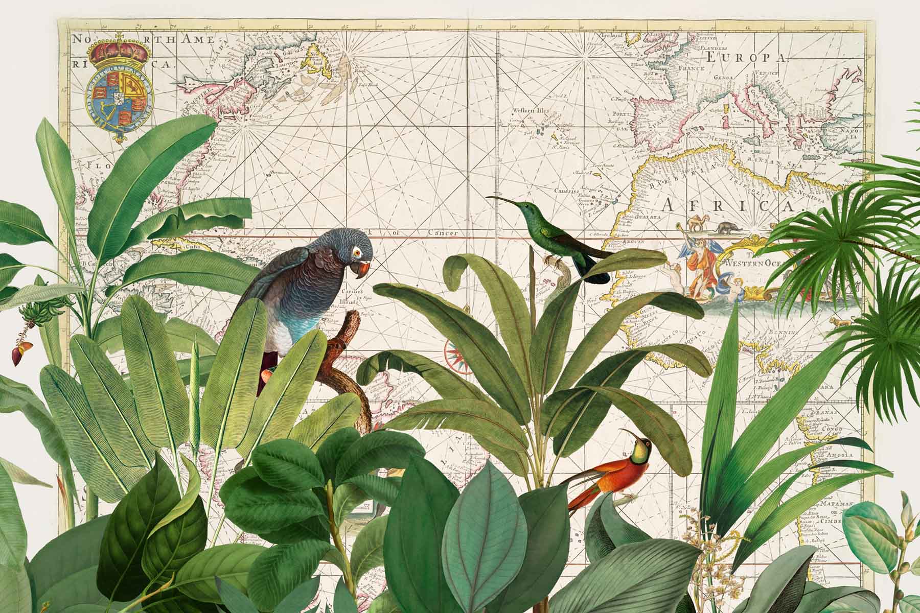 PlateART Duschrückwand Weltkarte Vögel Palmen Dschungel